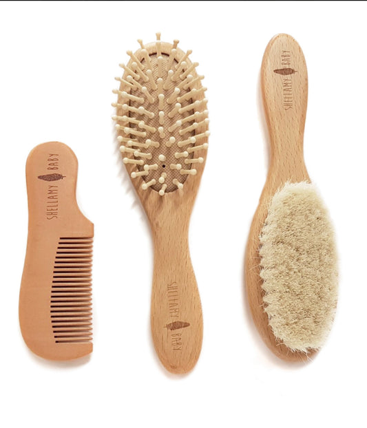Shellamy Baby 3 Piece Wooden Baby Hairbrush and Comb Set