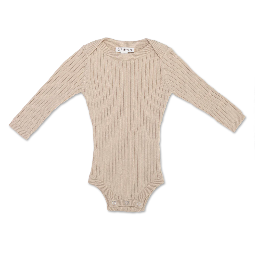 ORGANIC RIBBED ESSENTIAL BODYSUIT - PEBBLE