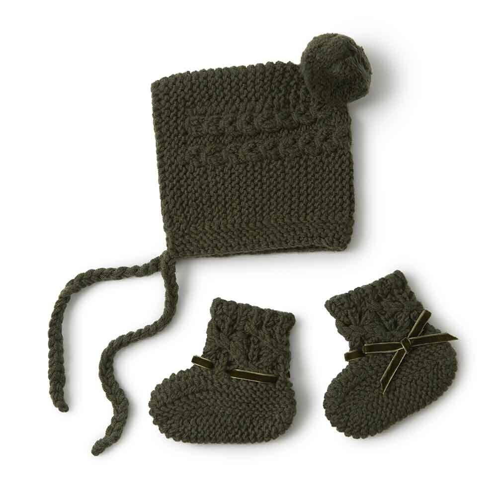 Olive Merino Wool Bonnet & Booties