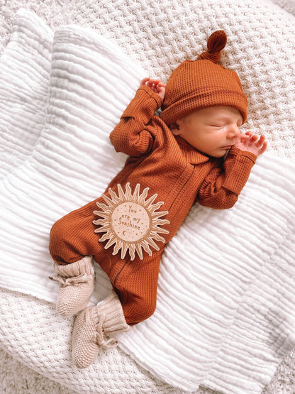 My First Outfit - Footed Overalls & Beanie Set - Bronze